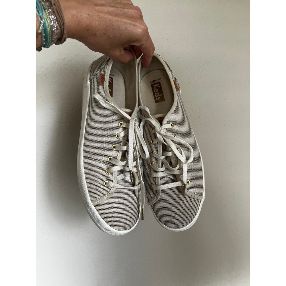 Keds Gray Striped Low Top Sneaker Lace Up sz 8.5 Preppy Comfort Shoes Minimalist